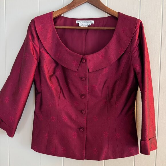 Vintage Maggy London Silk Cranberry Blazer Ornate Buttons 3/4 Sleeve - Size 8 - Picture 5 of 7